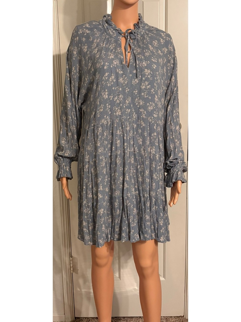 Vici Dusty Blue Floral Ruffle-Tie Long Sleeve Dress